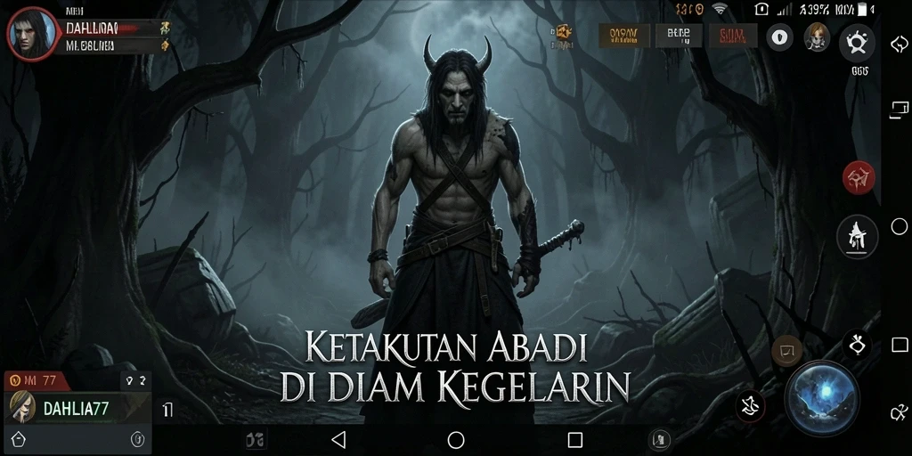 Screenshot utama DAHLIA77 menampilkan suasana menyeramkan dengan makhluk yang mengintai.