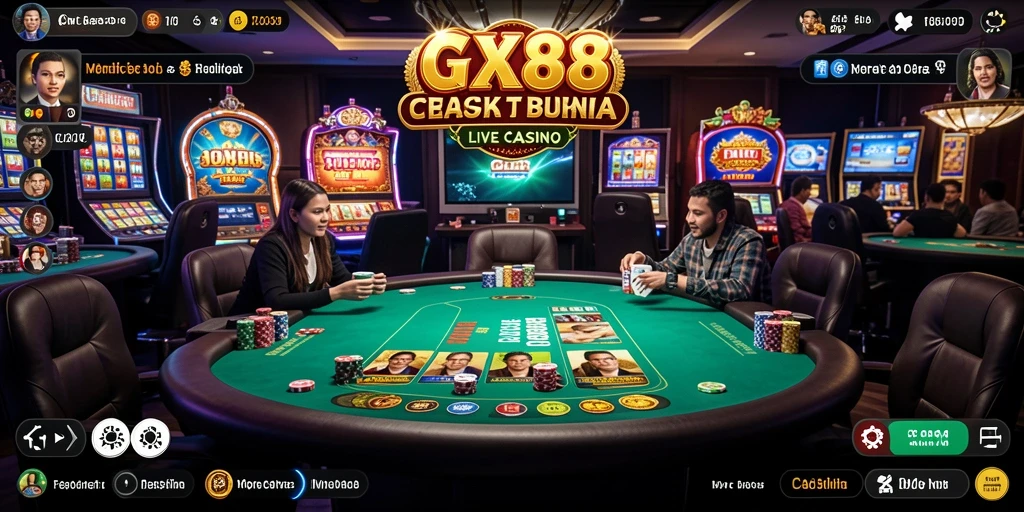 Screenshot gameplay GX88 menampilkan dealer profesional dan suasana kasino yang nyata.