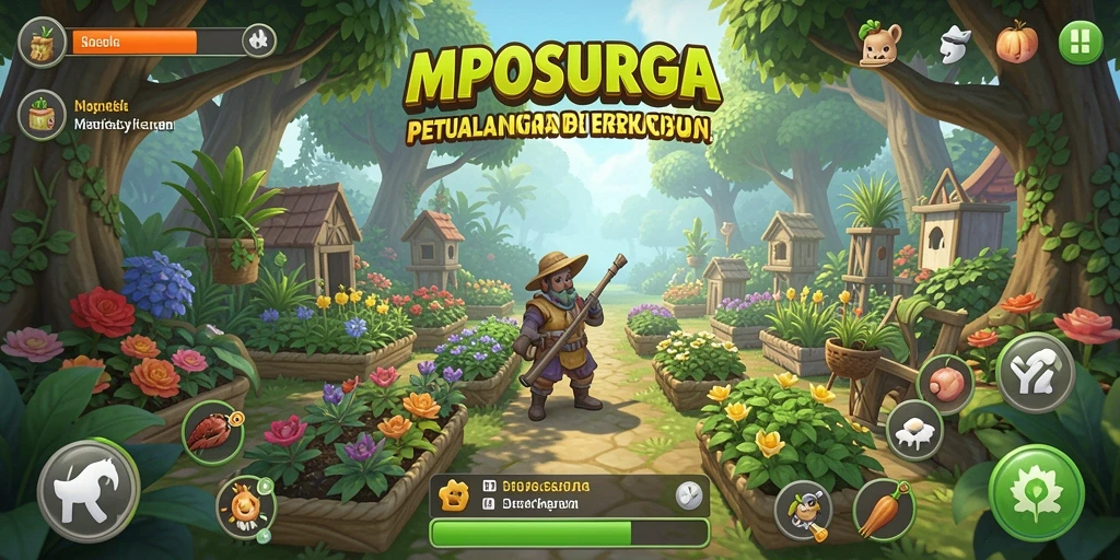 Screenshot gameplay MPOSURGA menampilkan kebun yang indah dan tanaman beragam.