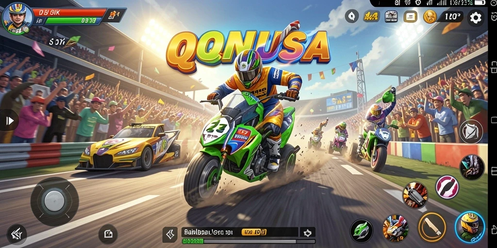 Tampilan menarik gameplay QQNUSA dengan mobil balap yang sedang bertanding.