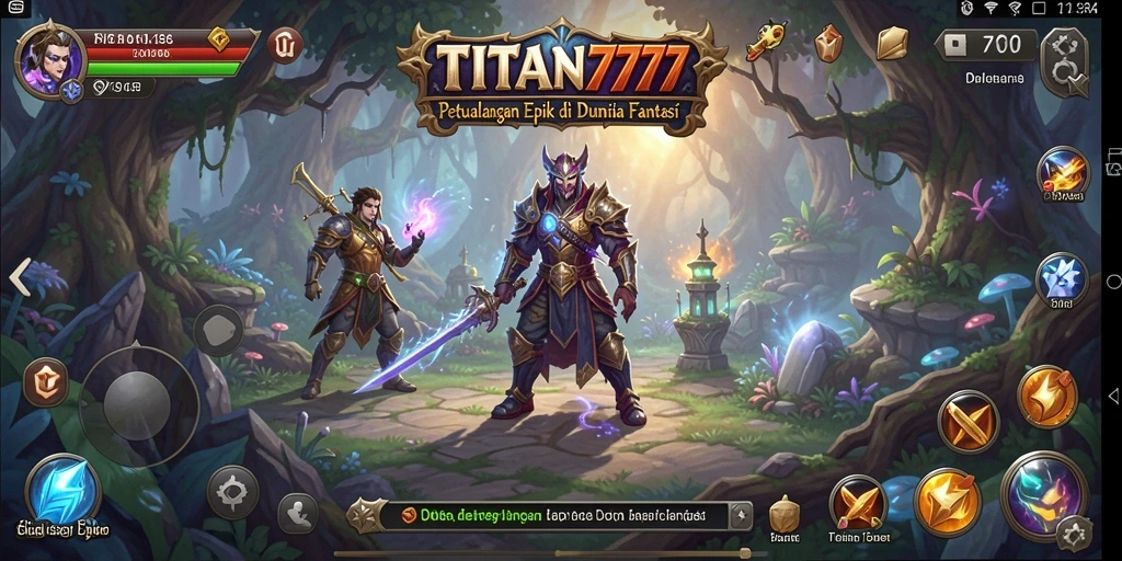 Screenshot gameplay <strong>TITAN777</strong> menampilkan aksi pertempuran epik dan eksplorasi dunia fantasi.